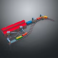 Red Roof Building With Curved Railway Track And Colorful Train Carriages