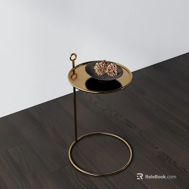 Round Coffee Table With Golden Stand Black Tray Pine Cones On Dark Wood Floor White Wall 3d model 