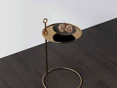 Round Coffee Table With Golden Stand Black Tray Pine Cones On Dark Wood Floor White Wall 3d model