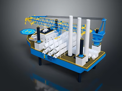 Blue And White Water Vessel Featuring Yellow Crane And Multiple White Chimneys For Marine Construction 3d model