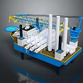 Blue And White Water Vessel Featuring Yellow Crane And Multiple White Chimneys For Marine Construction