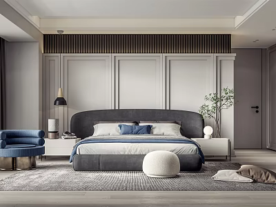 Modern Bedroom Interior With Gray Paneled Walls Dark Headboard And Blue Armchair 3d model