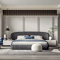 Modern Bedroom Interior With Gray Paneled Walls Dark Headboard And Blue Armchair