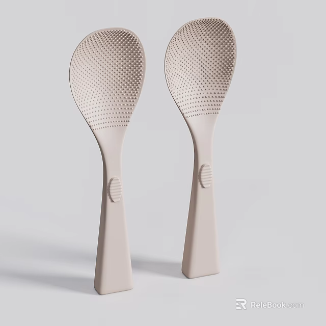 Stylish Light Pink Kitchen Spoons With Perforated Surface And Long Handle Round Button Detail 3d model 