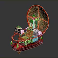 Steampunk Mechanical Model With Red Wheel Gears Metal Structure And Wooden Base