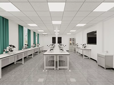 Laboratory Interior With Lab Tables Microscopes Green Curtains White Walls And Ceiling Lights 3d model