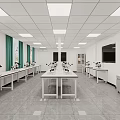Laboratory Interior With Lab Tables Microscopes Green Curtains White Walls And Ceiling Lights