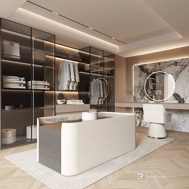 Modern Luxury Walk In Closet With Glass Cabinets Hanging Garments Round Mirrors And Marble Wall 3d model 