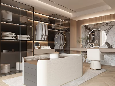Modern Luxury Walk In Closet With Glass Cabinets Hanging Garments Round Mirrors And Marble Wall 3d model