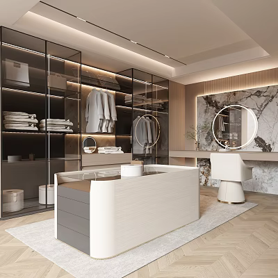 Modern Luxury Walk In Closet With Glass Cabinets Hanging Garments Round Mirrors And Marble Wall 3d model
