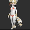 Cartoon Anthropomorphic Fox Character With White Gray Fur Blonde Hair Red Bikini And Fluffy Tail
