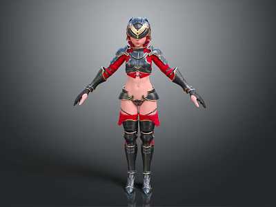 Female Game And Movie Character Standing In Red Black Armor With Helmet And Gauntlets 3d model
