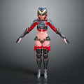 Female Game And Movie Character Standing In Red Black Armor With Helmet And Gauntlets
