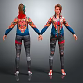 Female Character Front Back View With Biological Patterned Jacket And Distressed Denim Pants 3d model