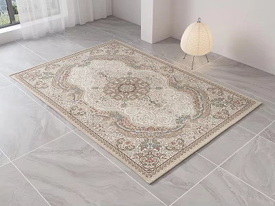 Ornate Square Rug With Traditional Floral Pattern On Gray Tile Floor And White Floor Lamp 3d model