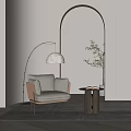 Cozy Single Sofa With Arched Floor Lamp Olive Tree Side Table And Light Gray Walls 3d model