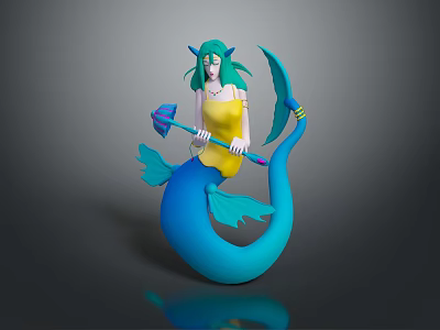 3D Mermaid Character With Green Hair Yellow Top And Blue Tail Holding Weapons 3d model