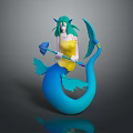 3D Mermaid Character With Green Hair Yellow Top And Blue Tail Holding Weapons