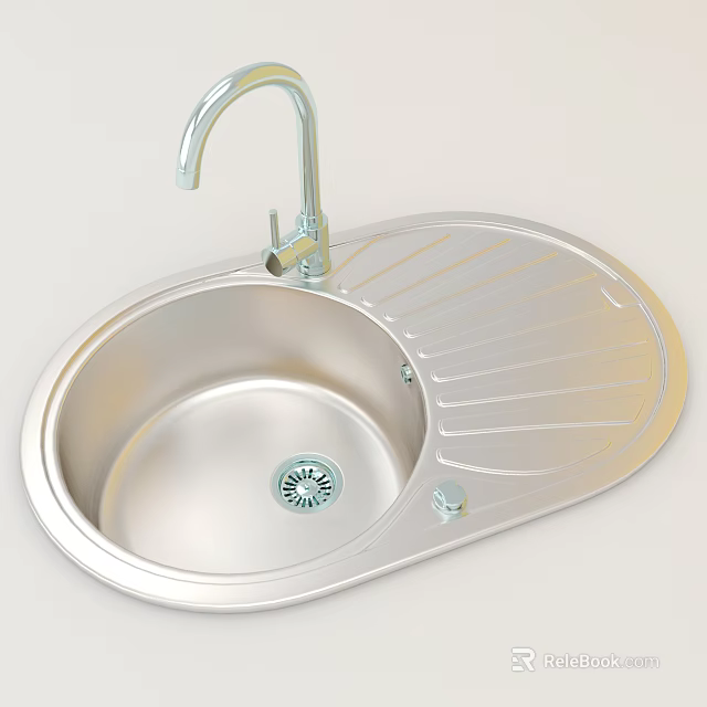 Stainless Steel Kitchen Sink With Single Bowl Faucet And Drainboard Design 3d model 