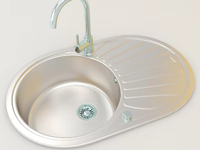 Stainless Steel Kitchen Sink With Single Bowl Faucet And Drainboard Design 3d model