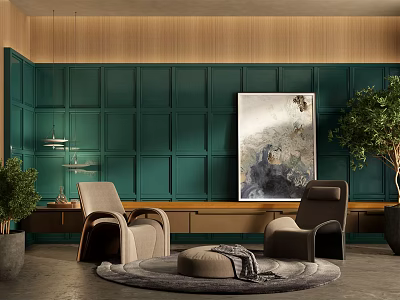 Stylish Lounge Chairs In Green Paneled Interior With Wooden Accents Artwork Round Rug And Plants 3d model