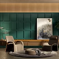 Stylish Lounge Chairs In Green Paneled Interior With Wooden Accents Artwork Round Rug And Plants