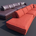 Brown Leather Sectional Sofa And Red Fabric Sofa With Decorative Pillows 3d model