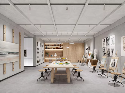 Creative Art Studio Space With Drawing Easels Artworks Wooden Worktable And Art Supplies 3d model