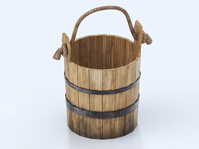 Rustic Wooden Bucket Decorative Ornament Set With Rope Handle And Black Metal Hoops 3d model