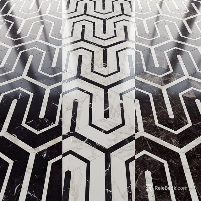 Modern Black And White Geometric Pattern Marble Floor Tiles With Hexagon Lines 3d model 