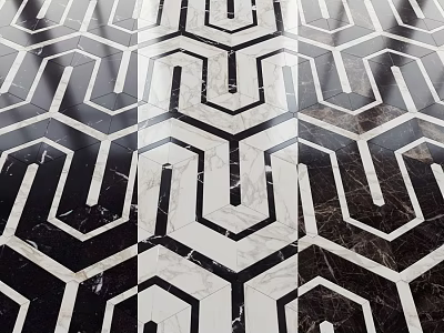Modern Black And White Geometric Pattern Marble Floor Tiles With Hexagon Lines 3d model