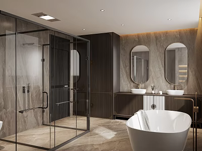 Luxury Contemporary Bathroom With Marble Finishes Freestanding Bathtub Double Sinks And Sleek Glass Shower Enclosure 3d model