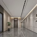 Modern Elevator Hallway With Sleek Stone Walls Recessed Lighting Polished Floor And Potted Plant