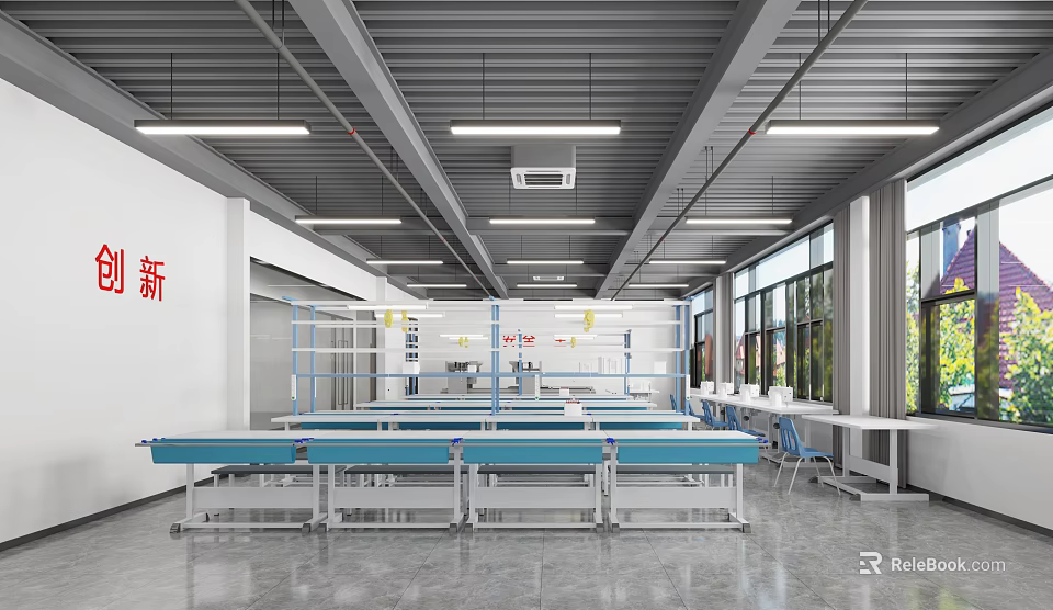 New Spacious Workshop Interior With Blue Workbenches Hanging Lights And Large Windows 3d model 
