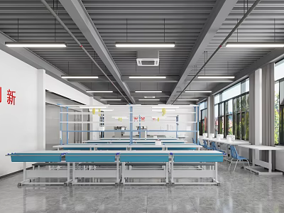 New Spacious Workshop Interior With Blue Workbenches Hanging Lights And Large Windows 3d model