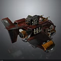 Red And Orange Interstellar Spaceship Design With Architectural Structures And Thrusters