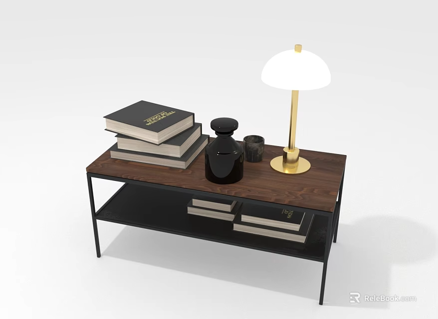 Two Tier Wooden Top Coffee Table With Black Metal Frame Decorative Books Lamp And Vase 3d model 