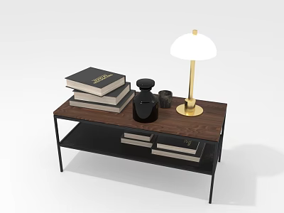 Two Tier Wooden Top Coffee Table With Black Metal Frame Decorative Books Lamp And Vase 3d model