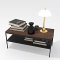 Two Tier Wooden Top Coffee Table With Black Metal Frame Decorative Books Lamp And Vase