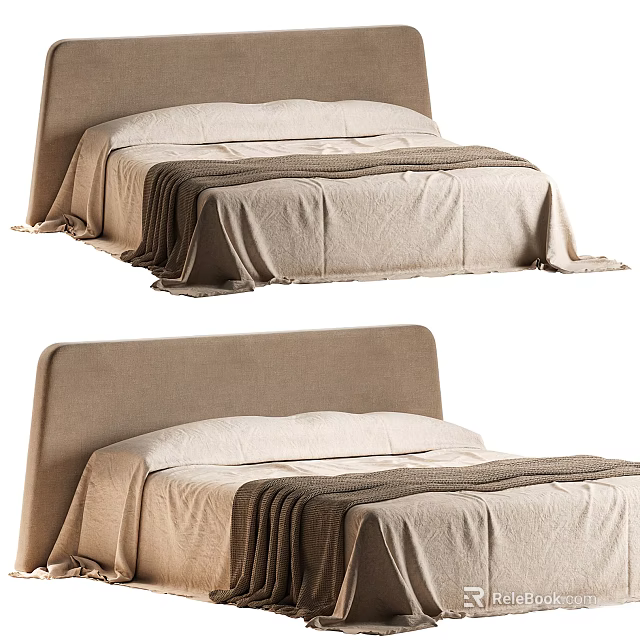 Cozy Double Bed With Upholstered Headboard And Draped Linen Blanket 3d model