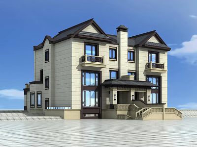 Traditional Duplex Villa Exterior With Two Story Design Gabled Roof And Balconies 3d model
