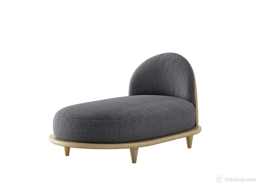 Modern Gray Linen Upholstered Chaise Lounge With Curved Backrest And Light Wooden Frame 3d model 