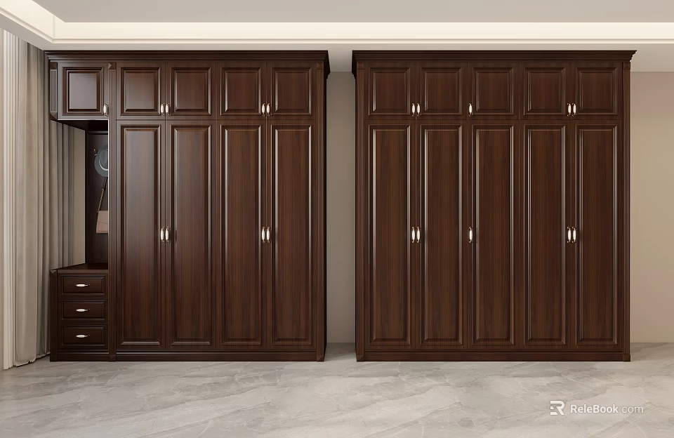 Dark Brown Wooden Wardrobe With Multiple Doors And Drawers For Bedroom Storage Design 3d model 
