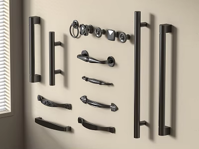 Black Metal Cabinet Handles In Various Styles Displayed On Beige Wall 3d model