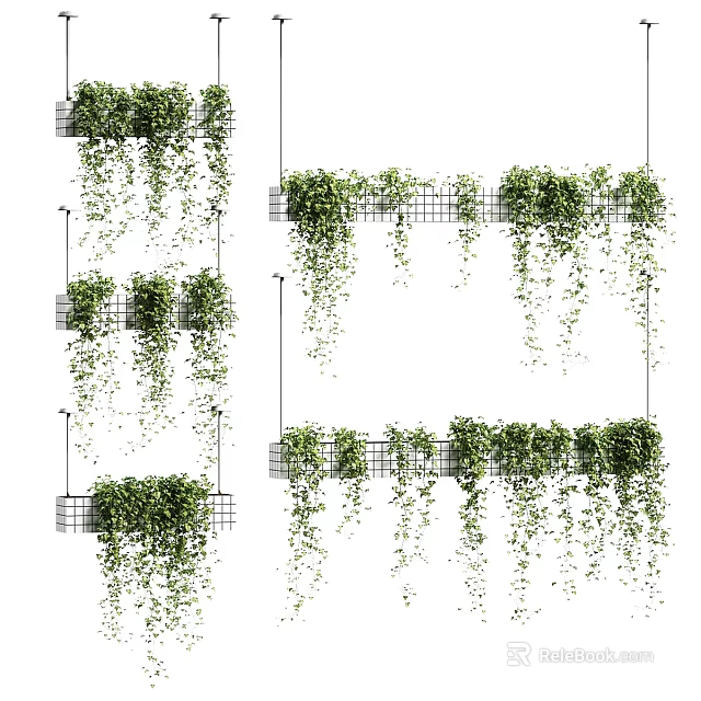 Decorative Plant Ornament Set With Hanging Green Vines And Grid Wall Design 3d model 