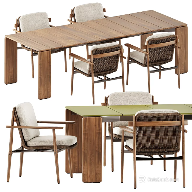 Modern Wooden Dining Table Set With Wicker Chairs Armchairs And Green Tabletop Design 3d model 