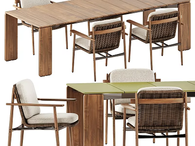 Modern Wooden Dining Table Set With Wicker Chairs Armchairs And Green Tabletop Design 3d model