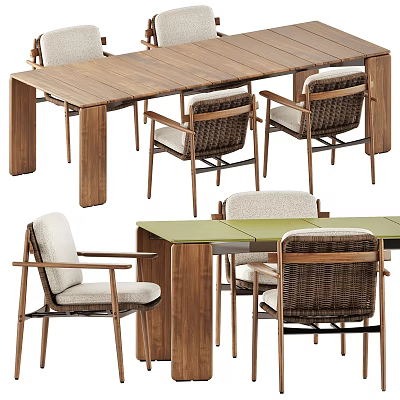 Modern Wooden Dining Table Set With Wicker Chairs Armchairs And Green Tabletop Design 3d model