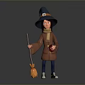 Cartoon Witch In Blue Hat Brown Robe Holding Broomstick Red Book And Scarf