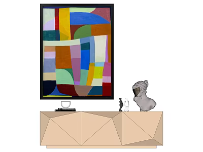 Colorful Abstract Painting On Geometric Cabinet With Dog Figurine And Decor 3d model
